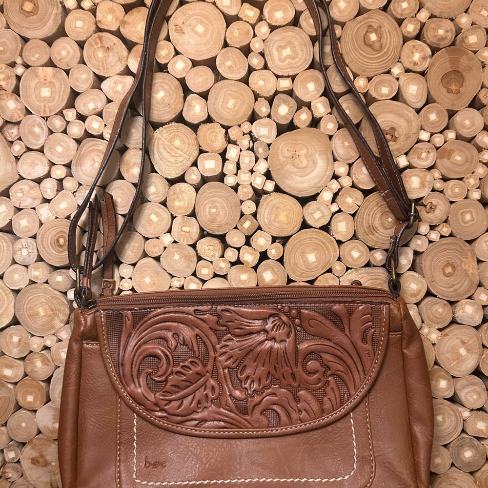 B.O.C Brown Tooled Faux Leather Shoulder Bag with Floral Patterns